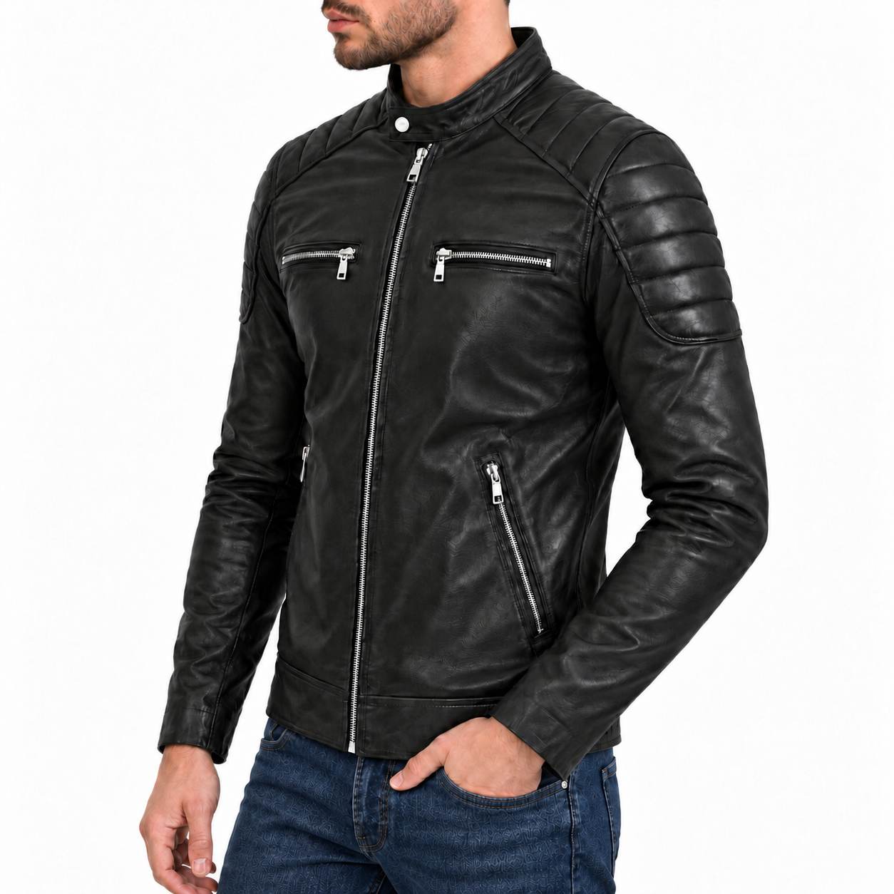 Men's Classic Black Quilted Leather Café Racer Jacket – Zippered Motorcycle Style Gallery